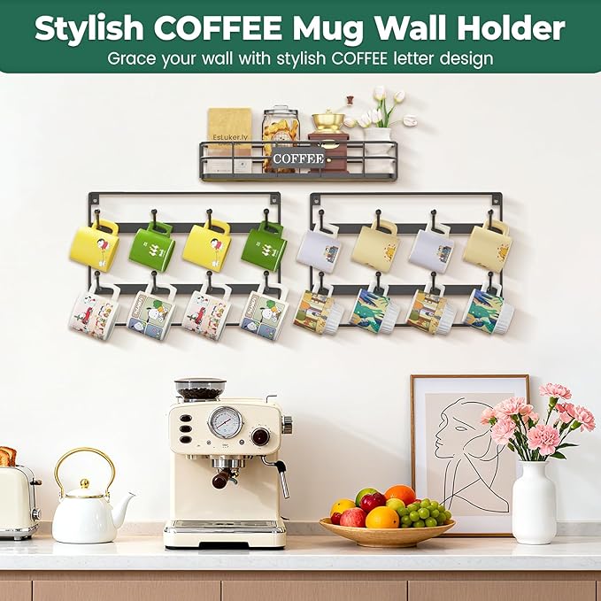 EsLuker.ly Coffee Mug Holder Wall Mounted Display Rack, Black Metal Cup Hanger Organizer with16 Hooks, Wood Rustic Shelf for Coffee Bar Home Kitchen, Space Saving Wall Storage, Black