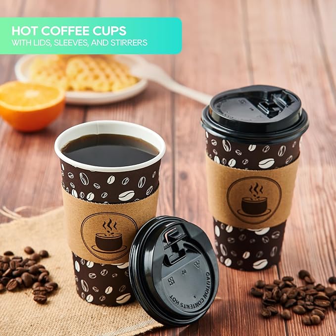JOLLY PARTY Disposable Coffee Cups with Lids, Sleeves and Straws - 16oz(100 Pack) Paper Coffee Cups with Lids, Durable, BPA Free Hot Cup for Shops, Cafes, and Concession Stands(Dark Brown)