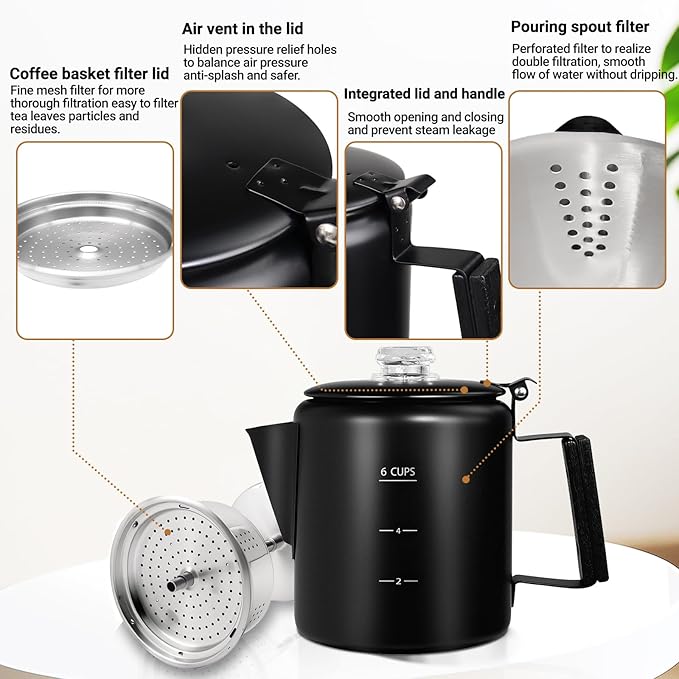 No Coating 6 Cup Percolator Coffee Pot 304 Stainless Steel Moka Pot Stovetop Espresso Maker Italian Greca Cuban Machine 1000ml 33.8oz Suitable for Gas Induction Stovetop Camping Kettle