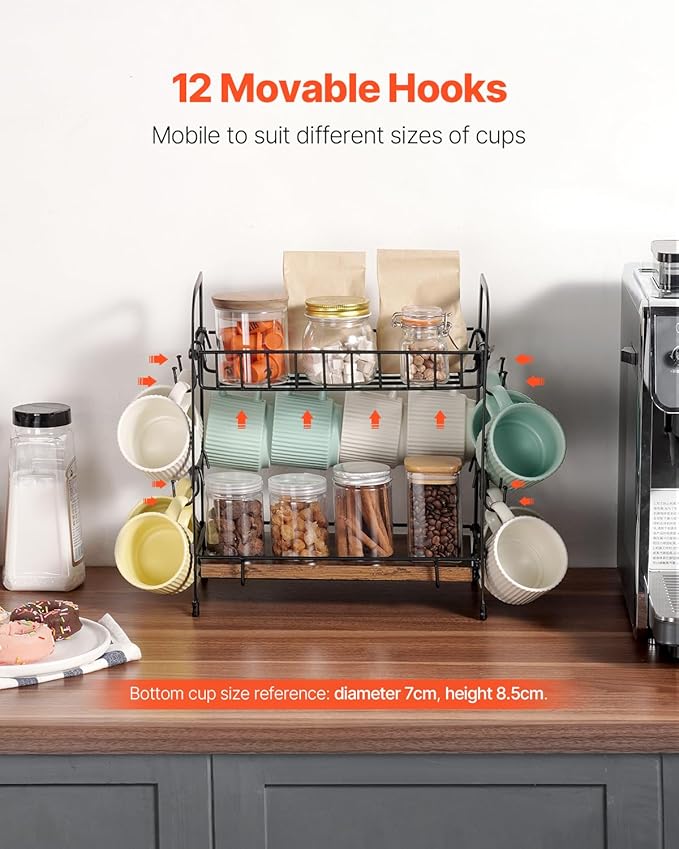 VEVOR 2 Tier Coffee Bar Organizer for Countertop, Multifunctional Mug Holder and Coffee Station, 12 Movable Hooks and 2 Shelves for Coffee Accessories Storage and Display, Home Office (Matte Black)