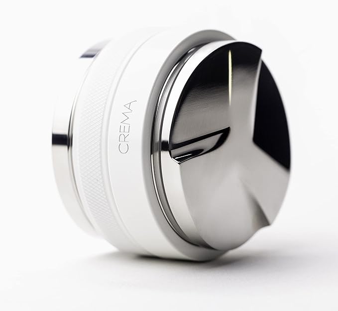 CREMA Coffee Products 59mm Hand Tamper & Coffee Distributor | Compatible with Breville Portafilters | Double-Sided, Adjustable Depth Tool | Made with Durable 304 Stainless Steel | White