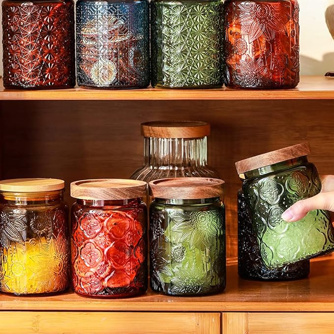 Vintage Glass Storage Jar with Solid Wood Lid - Sunflower Kitchen Canister for Coffee, Candy, Laundry Detergent - Cute Food Storage Jar for Pantry, Countertop (4 color-Begonia Flower, 23.7 Ounces)