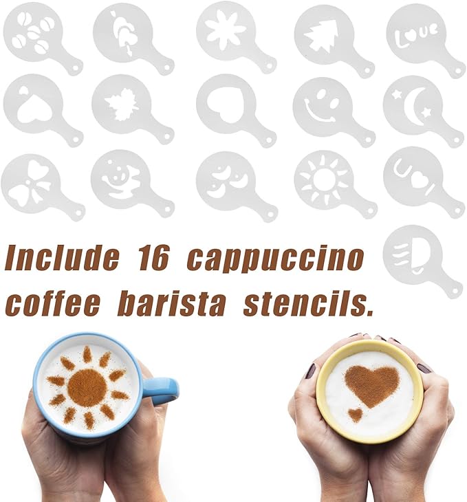 2 Pack Chocolate Shaker Powdered Sugar Shaker Duster 16 Coffee templates Set for Cream,Powdered Sugar,Cocoa,Cappuccino,for Kitchen,Drinks,Baking (18)