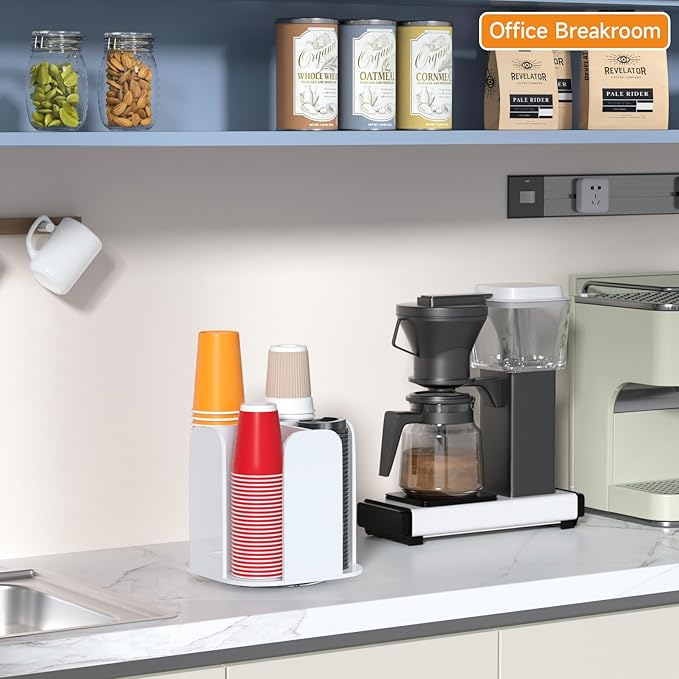 Beego Rotatable 4-Compartment White Acrylic Cup Dispenser - Coffee Station Cup and Lid Carousel Countertop Plastic Cup Holder for Restaurant Breakroom Coffee Bar