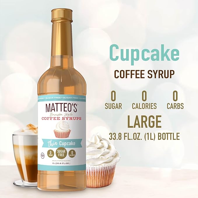 Matteo's Cupcake Syrup for Coffee, Lattes, Cappuccinos & Desserts – Sugar-Free Sweetener for Beverages, Keto Friendly, Zero Calories, Indulgent Flavor, Non-Alcoholic, Ideal for Hot Drinks 33.8oz (1pk)