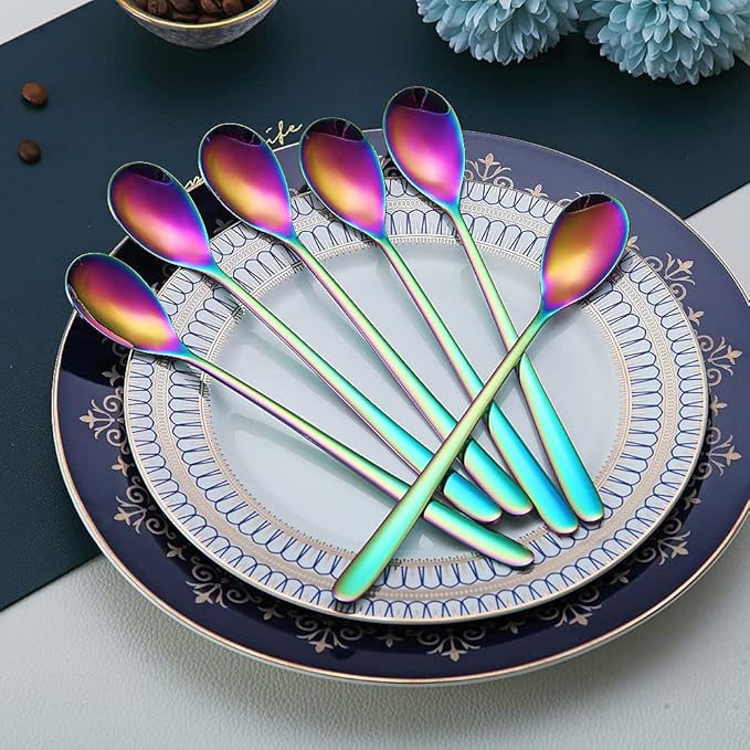 Rainbow Long Handle Spoons, Coffee Stirrers, Premium Stainless Steel Coffee & Ice Cream Spoons, Set of 6 (Colorful)