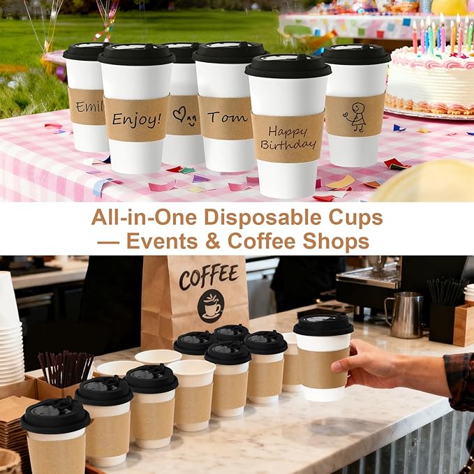 20 oz 500 Pack Coffee Cups with Lids and Sleeves, Straws, Hot Disposable To Go Travel Paper Cups Bulk for Office, Home Coffee Bar Accessories, Chocolate, Cocoa, Beverage (Black)