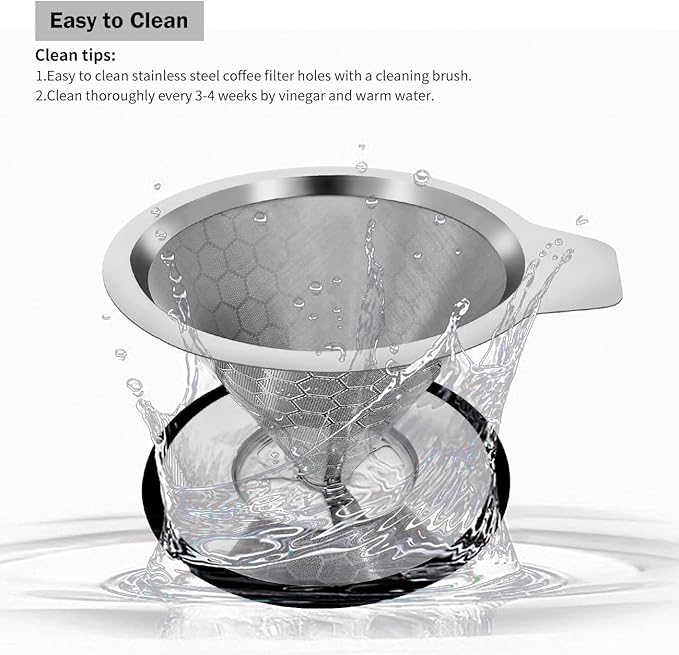 LHS Pour Over Coffee Dripper Reusable Coffee Filter Metal Cone Filter Paperless Coffee Filter Stainless Steel Pour Over Coffee Maker Single Cup Brew Coffee Filter, Double Mesh