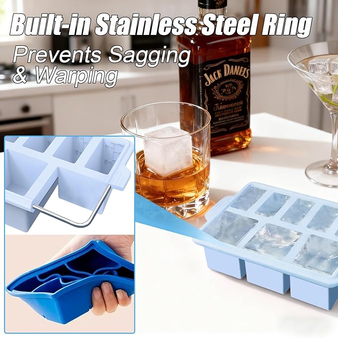 Silicone Ice Cube Tray with Lid 8-Cavity Reinforced Steel Frame Ice Cube Trays Easy Release BPA-Free Makes 3 Large Square & 5 Small Rectangular Ice Trays for Cocktails Whiskey Coffee,Pink