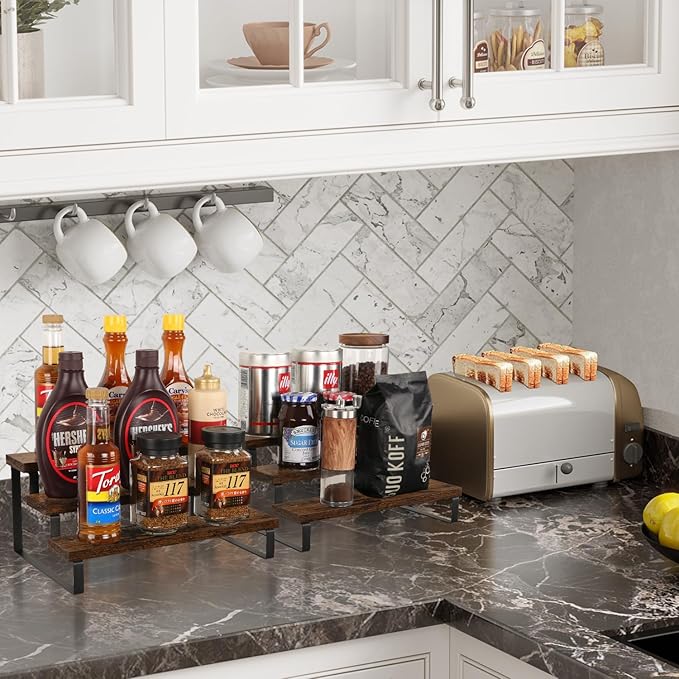 YINMIT Wooden Display Riser Stand, Tiered Perfume and Cologne Organizer Stand, 3 Tier Spice Rack Organizer, Rustic Display Shelf for Candles (3 Tier, 2 Pack)