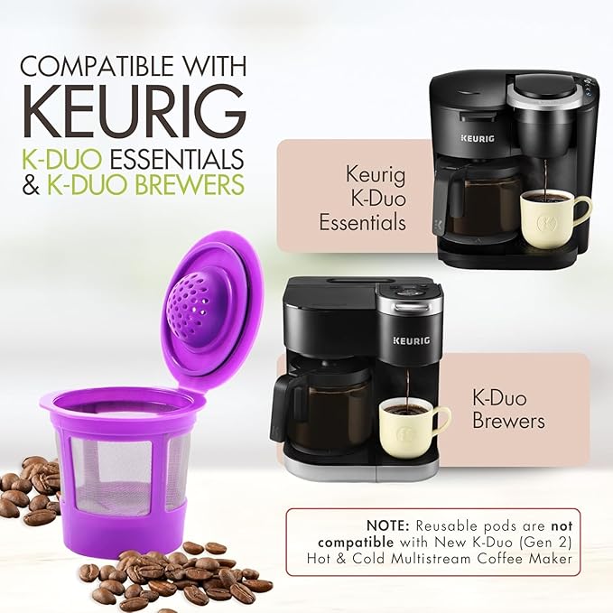 Reusable Mesh Ground Coffee Filter Carafe for Keurig K-Duo Essentials and K Duo Brewers Machine, With 2 Refillable K Cups Pod by PureHQ - Gold Tone Mesh Filter - Value Pack