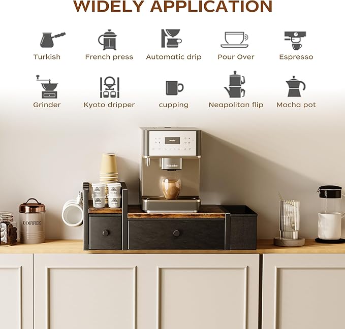 Homeiju Coffee Pod Drawers - K Cup Organizer, Nespresso Pods Holder with Mug Rack, Coffee Holder for Countertop, 52 Capacity Pods, Suitable for Kitchens, Offices and Coffee Bars(Brown)