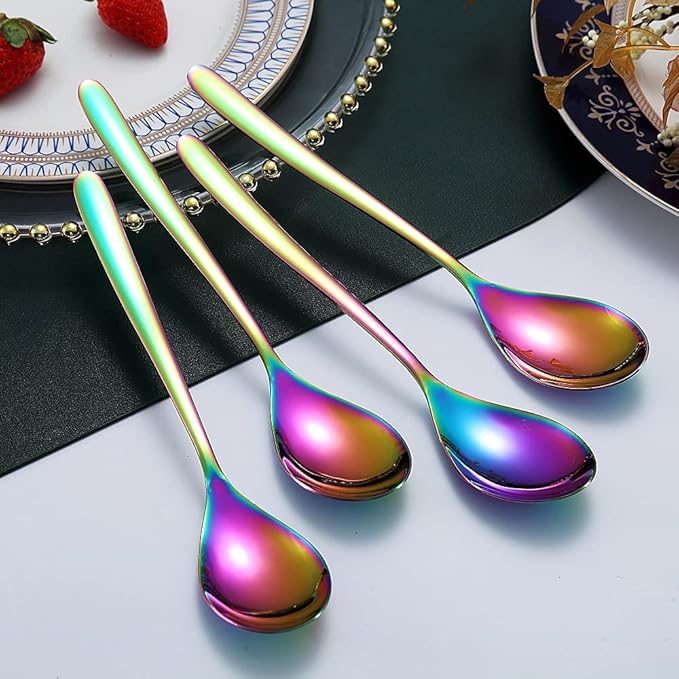 Rainbow Dinner Spoons 6 Piece, 8.1'' Stainless Steel Tablespoons, Soup Spoons, Dessert Spoons, Spoons Silverware for Home, Kitchen or Restauran,Dishwasher Safe
