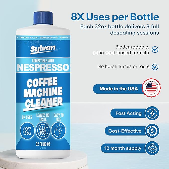 Descaling Solution Compatible with Nespresso Vertuo | Free Cleaning Cloth | 12 Month Supply | Made in the USA | Descaling Kit for all Nespresso Machines | 32 Oz | Coffee Machine Cleaner and Descaler
