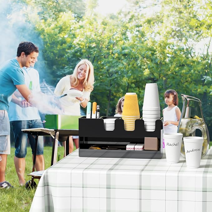 Coffee Condiment and Cup Organizer - 2-Tier Upright Cup and Lid Holder with Straw Organizer 5 Compartments Black Acrylic Cup Dispenser for Restaurant Breakroom Coffee Station Countertop