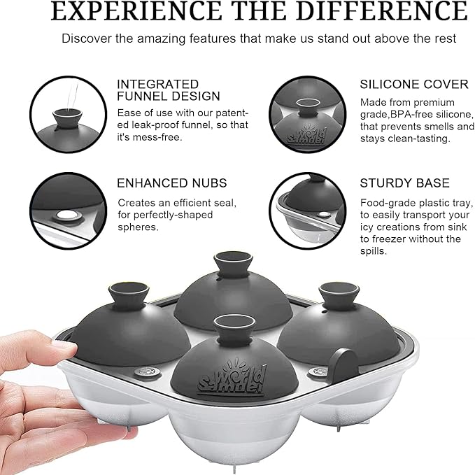 Samuelworld Premium Ice Tray Combo (3 Pack), Large Ice Sphere Maker & New Upgraded Ice Cube Trays, Food Grade, Easy To Use, Spill-Free Integrated Funnels, Whiskey Bourbon Cocktails, Grey