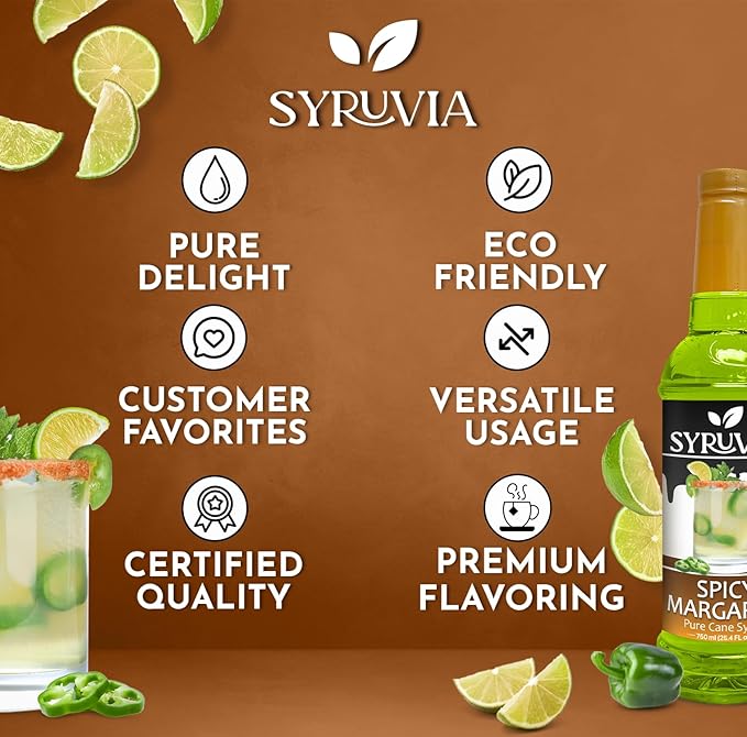 Syruvia Spicy Margarita Syrup, Flavored Syrup for Cocktails, Drinks, Lemonades, Iced Teas, and Desserts – 25.4 fl oz