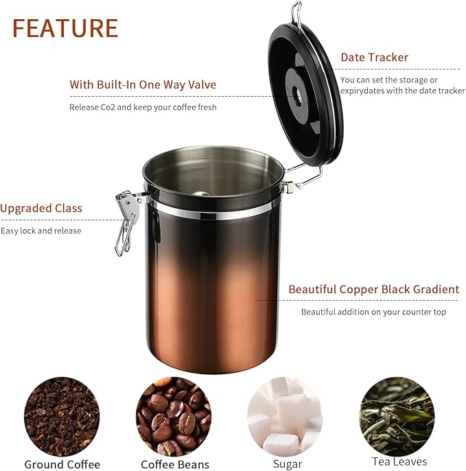 Coffee Canister, Airtight Coffee Container with Date Tracker Lid, Stainless Steel Canister for Kitchen Food Storage (Black-Copper, 22oz with 1/4 Cup)