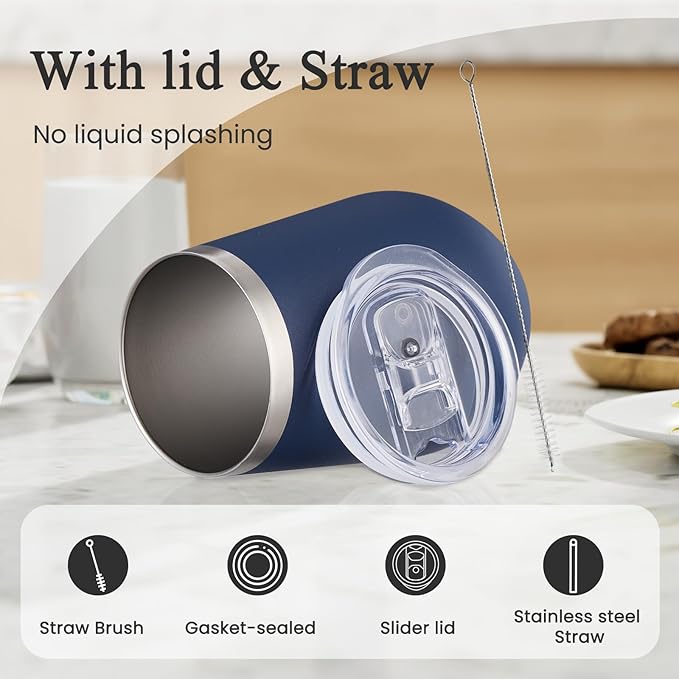 MEWAY Durable 12oz Stainless Steel Wine Tumbler with Lid and straw - Vacuum Insulated Coffee and Wine Cup for Travel, Parties, and Outdoor Events(Navy,1)