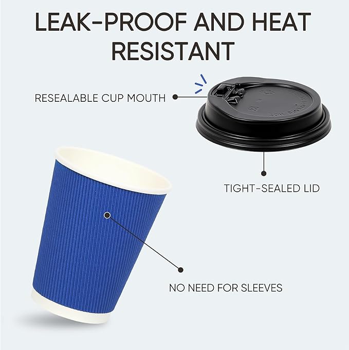100 Pack 12 oz Disposable Coffee Cups with Lids and Straws, Insulated Ripple Wall To Go Paper Corrugated Cups, Bulk for Hot/Cold Drinks, Cafe Bar, Office, Chocolate, Cocoa (Navy)