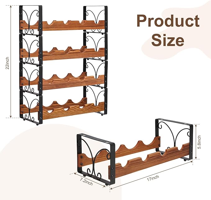 X-cosrack Wine Rack Freestanding Floor with Patent Design, Wooden & Metal Wine Bottle Holder, 4 Tier 16 Bottles Stackable Wine Storage Racks for Kitchen Counter or Bar, Wine Display Shelf