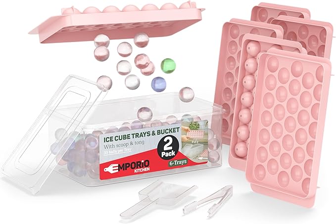 Round Ice Cube Tray Set Pack of 2, BPA-Free Stackable Trays with Lid & Tongs, 33 Ice Balls Per Tray for Whiskey, Drinks, and Cocktails, Quick Release Round Ice Cube Mold, Pink