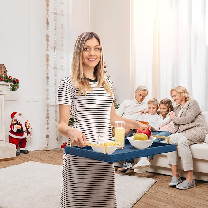 Navy Blue Decorative Serving Tray, Shagreen Leather Coffee Table Tray, Rectangle for Home Decor