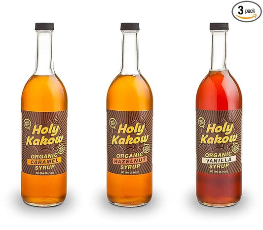 Holy Kakow Cafe Organic Syrup Variety Pack - Caramel Syrup, Hazelnut Syrup, Vanilla Syrup, Organic Syrup for Coffee, Latte, Cocktail - 750ml 3-Pack