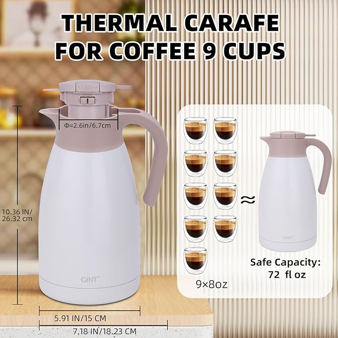GiNT 2.2L / 74Oz Thermal Coffee Carafe, Insulated Stainless Steel Coffee Carafes for Keeping Hot/Double Walled Vacuum Thermal Carafe (White)