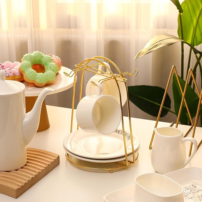 jojofuny Golden Mugs Display Holder Stand with 4 Hook: European Style Coffee Tea Cup Stand for Countertop - Mugs Rack Organizer for Home Bar Accessories