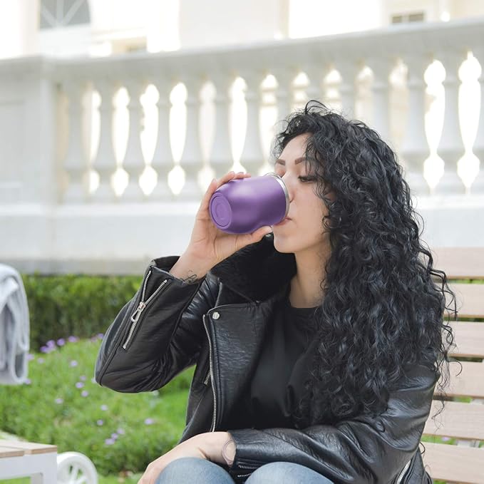 MEWAY 12oz/8 Pack Wine Tumbler Glasses with Lid - Stemless Double Wall Vacuum Stainless Steel Travel Tumbler - Keeping Cold & Hot for Wine,Coffee,Cocktails,Gifts (Purple,Set of 8)