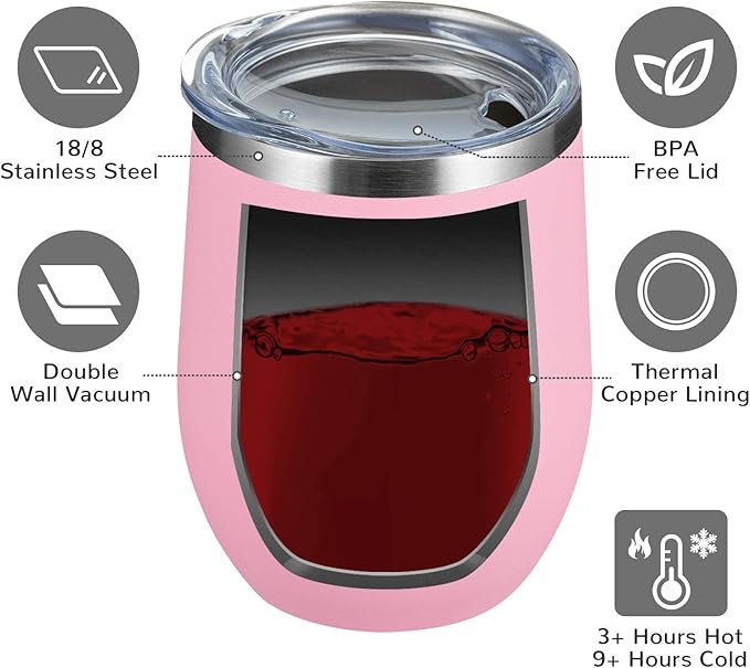 MEWAY 12 OZ/8 Pack Wine Tumbler Glasses with Lid - Stemless Double Wall Vacuum Stainless Steel Travel Tumbler - Keeping Cold & Hot for Wine,Coffee,Cocktails,Drinks-Family and Gifts (Pink,Set of 8)