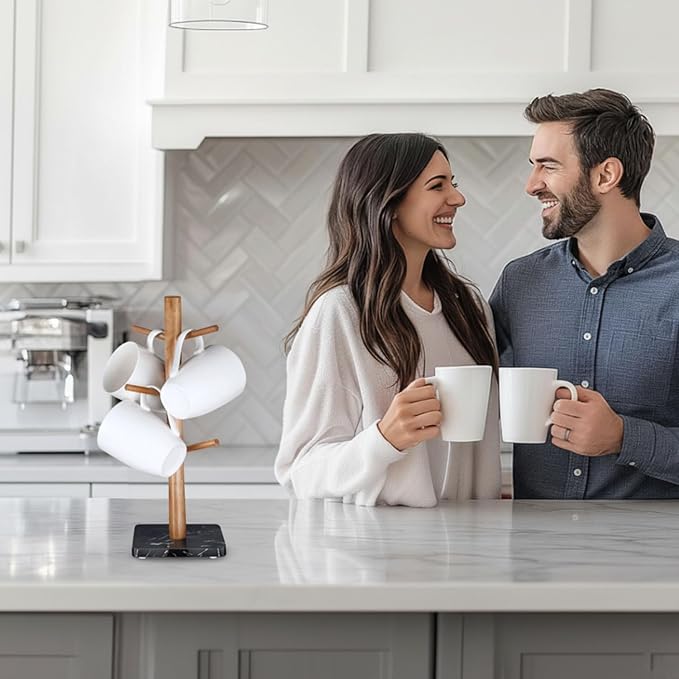 Buruis Wood Mug Holder, Marble Base Cup Rack Tree, Kitchen Coffee Mug Tree Countertop Tea Cups Holder Stand, Coffee Cup Dryer with 6 Hooks (Black)