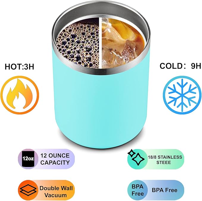 MEWAY 12oz/8Pack Insulated Stainless Steel Reusable Mug, Double Wall Durable Coffee Cup, Powder Coat, For Coffee, Beer, Home, Office (Light Green, 8 Pack)