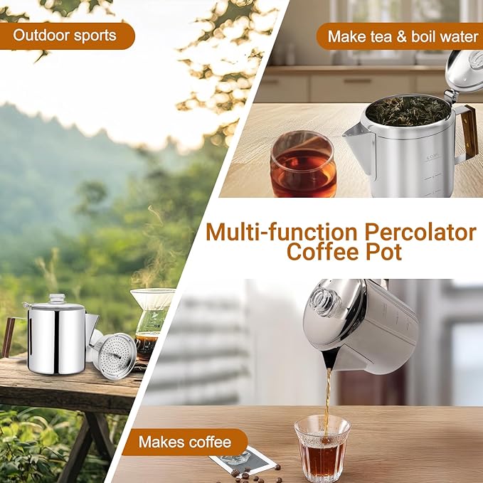 No Coating 6 Cup Percolator Coffee Pot 304 Stainless Steel Moka Pot Stovetop Espresso Maker Italian Greca Cuban Machine 1000ml 33.8oz Suitable for Gas Induction Stovetop Camping Kettle