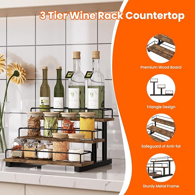 Homode Liquor Bottle Display Shelf, Coffee Syrup Rack Organizer, 3 Tier Wine Rack Countertop, Home Retro Bar Shelf Stand Holder for Liquor Whiskey Spirits, Mini Bar, Liquor Cabinet, Rustic Brown