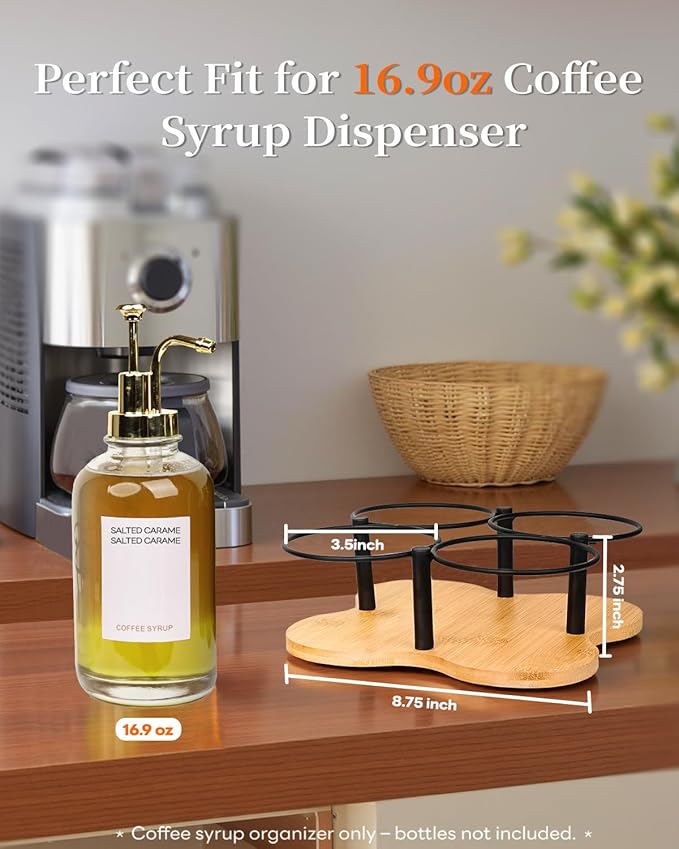 Rotating Coffee Syrup Organizer, Syrup Bottle Holder for Coffee Syrup Dispenser 16.9oz, Bamboo Coffee Syrup Rack for Coffee Bar Station Countertop, Coffee Bar Accessories(Syrup Rack Only)