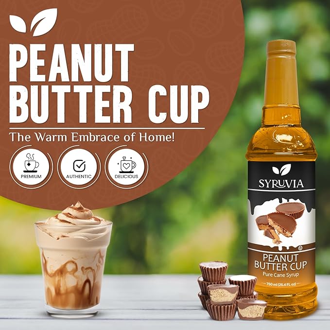 Syruvia Coffee Syrup, Peanut Butter Cup Flavored Syrup for Drinks, Lattes, and Desserts – 25.4 fl oz