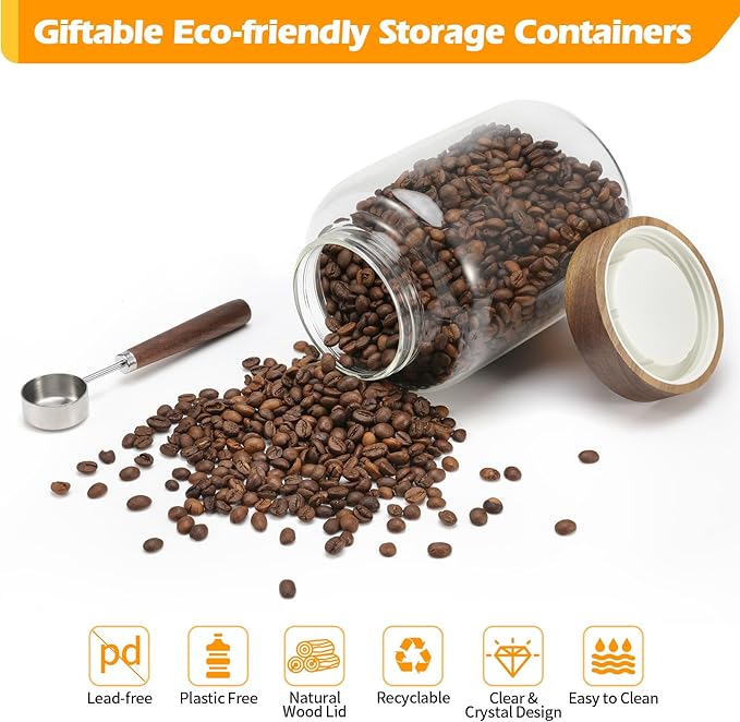Large Glass Coffee Jars with Spoons 60 oz /1800ml, Round Storage Canister with Wooden Lid Clear Glass Food Jar for Pantry Sugar Tea Coffee Bean Spice Nuts Cookies Bath Salts (1800ml/60oz)