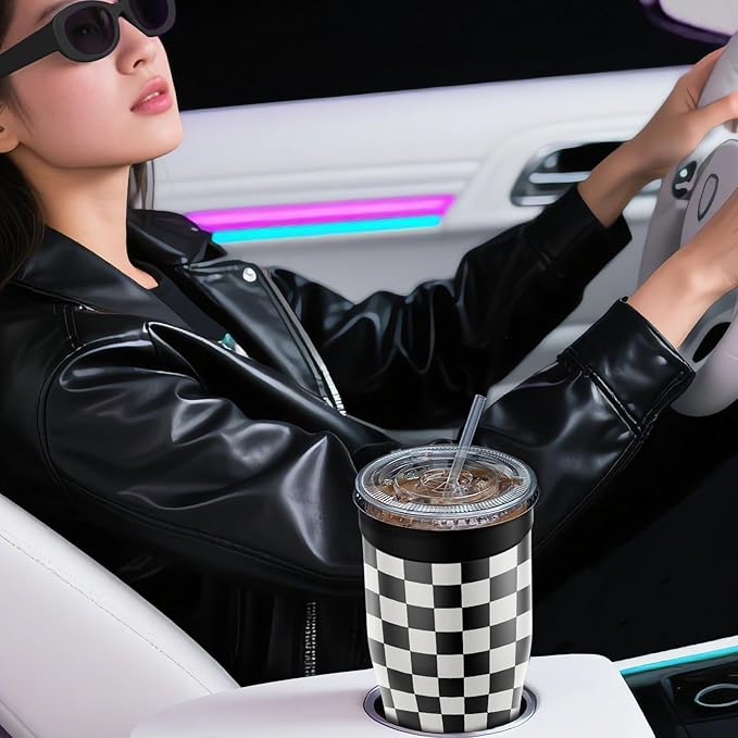 Universal Iced Coffee Sleeve - Insulated Double Wall Reusable Stainless Steel Holder Sleeves Insulator for Cold Drinks Fits Small Medium Large To Go Cups Gifts for Men Women Him Her (Black Checkered)