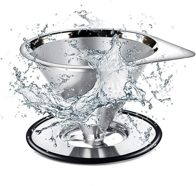 LHS Pour Over Coffee Dripper Stainless Steel Coffee Filter Metal Cone Filter Paperless Reusable Coffee Filter Single Cup Coffee Maker 1-2 Cup With Non-slip Cup Stand and Cleaning Brush