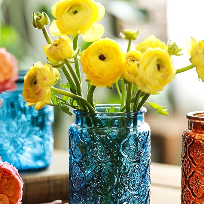 Vintage Glass Storage Jar with Solid Wood Lid - Sunflower Kitchen Canister for Coffee, Candy, Laundry Detergent - Cute Food Storage Jar for Pantry, Countertop (4 color-Begonia Flower, 23.7 Ounces)