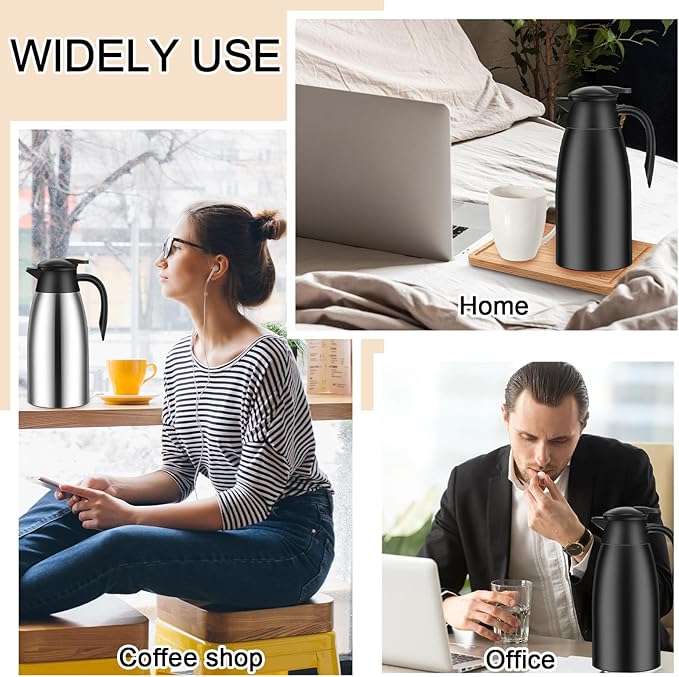Uiifan 2 Pcs 68oz Thermal Coffee Carafe Insulated Stainless Steel Coffee Carafe for Hot Liquids Double Walled Vacuum Pot Creamer Pitcher Dispenser with Brush for Keeping Milk Tea(Silver, Black)