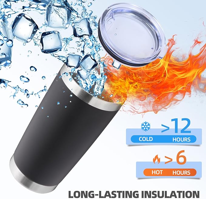 Volhoply 20oz Stainless Steel Tumbler with Lid and Straw,Double Wall Insulated Travel Iced Coffee Mug Fits Car Cup holder,Powder Coated Cups for Hot and Cold Drinks,Gifts for Women Men（Black,1 Set）