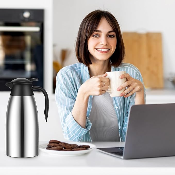 Uiifan 2 Pcs 68oz Thermal Coffee Carafe Insulated Stainless Steel Coffee Carafe for Hot Liquids Double Walled Vacuum Pot Creamer Pitcher Dispenser with Brush for Keeping Milk Tea(Silver, Black)