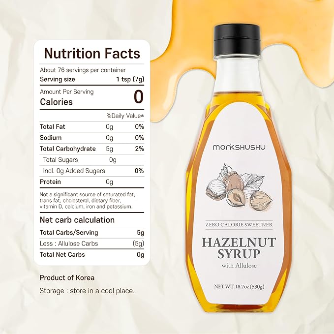 MONKSHUSHU Hazelnut Allulose Syrup 18.7 Fl Oz for coffee, drinks - Keto Diet, Vegan friendly, Diabetes-Safe - Zero Calorie, Liquid type Sugar Substitute - Monk Fruit - Gluten Free, 0g Net Carbs