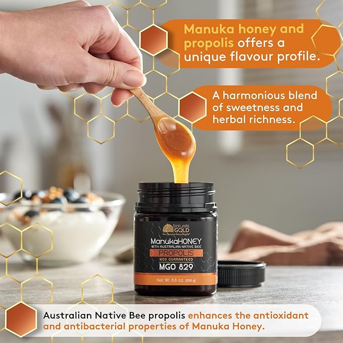 Nature’s Gold Raw Manuka Honey with Australian Native Bee Propolis, MGO 829+ | 8.8oz (250g), 100% Pure Genuine Traceable Hive to Home