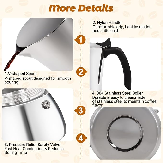 No Coating 4 Cup Thickened 304 Stainless Steel Moka Pot Stovetop Espresso Maker Italian Coffee Machine 200ml 6.8oz Suitable for Gas Induction Stovetop Greca Coffee Maker Percolator