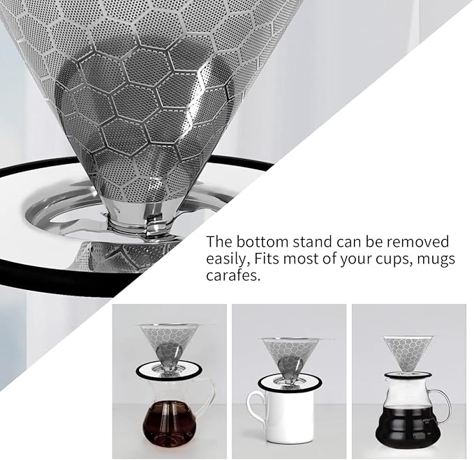 LHS Pour Over Coffee Dripper Reusable Coffee Filter Metal Cone Filter Paperless Coffee Filter Stainless Steel Pour Over Coffee Maker Single Cup Brew Coffee Filter, Double Mesh