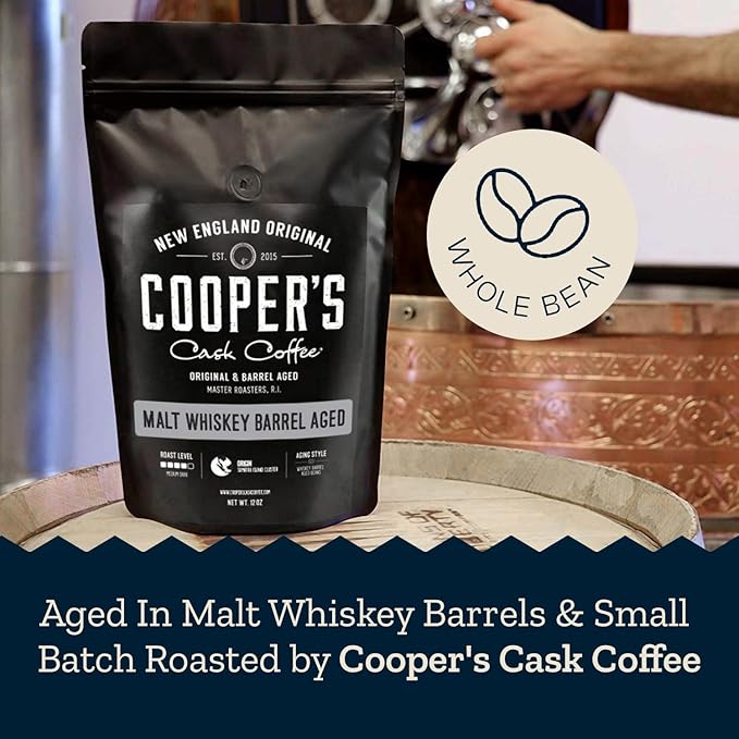 Whiskey Barrel Aged Coffee, Single-Origin Sumatra Beans Aged in American Malt Whiskey Barrels, Medium Dark Roast Whole Bean, 12 oz